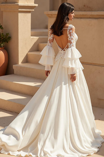 Chiffon A Line V-Neck Court Train Ivory Wedding Dress with Lace Appliques